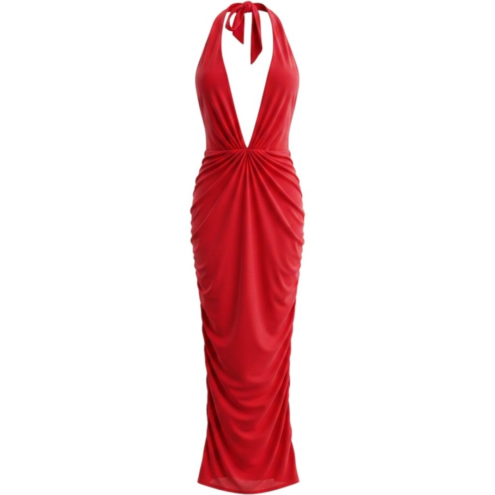 Hello Molly Red Halter Neck Ruched Bodycon Mini Dress Deep V Backless Womens 8